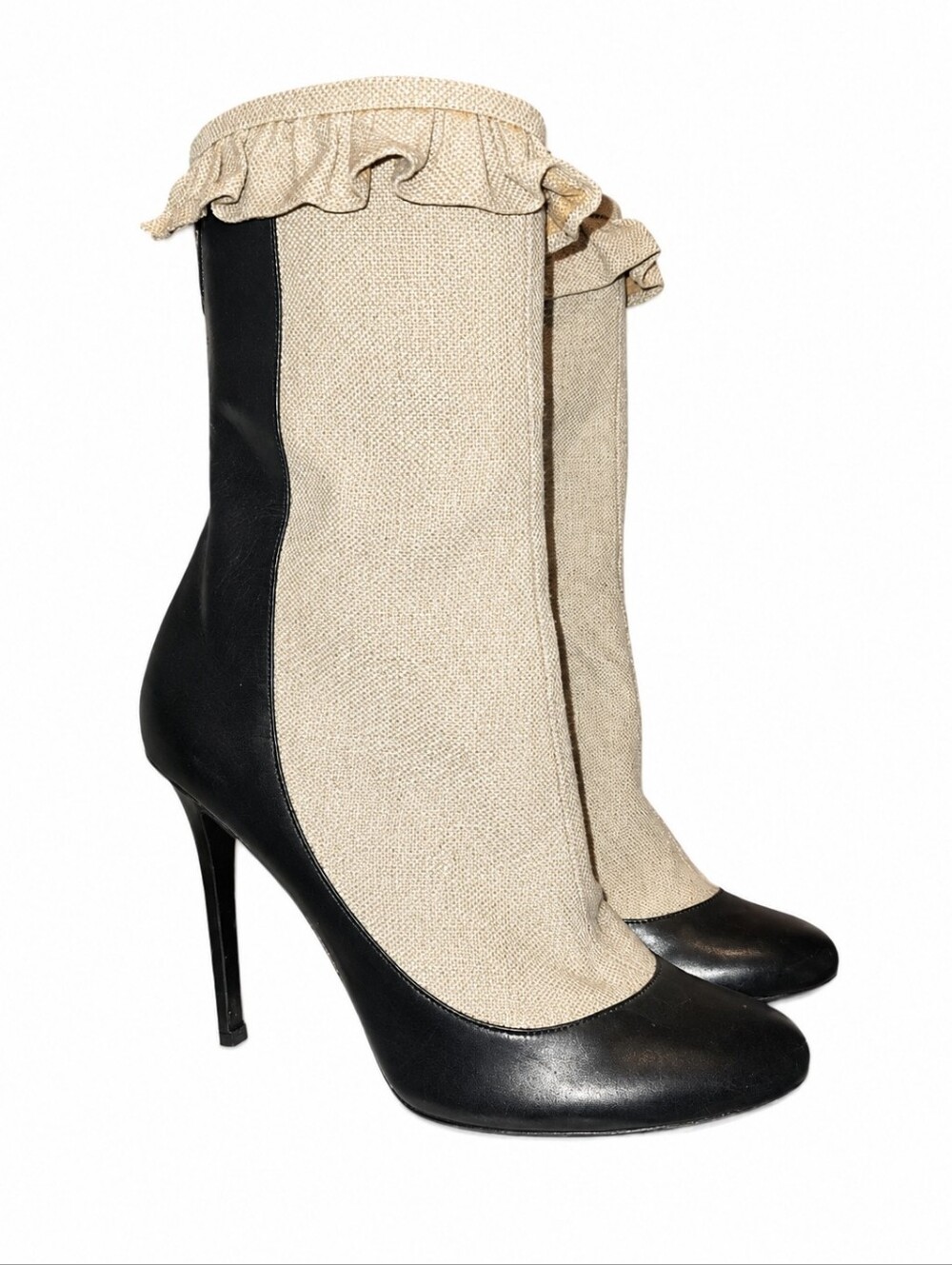 LAURENCE DACADE | Ruffle Cuff Stiletto Boots Black & Cream EU 38 / US 7.5